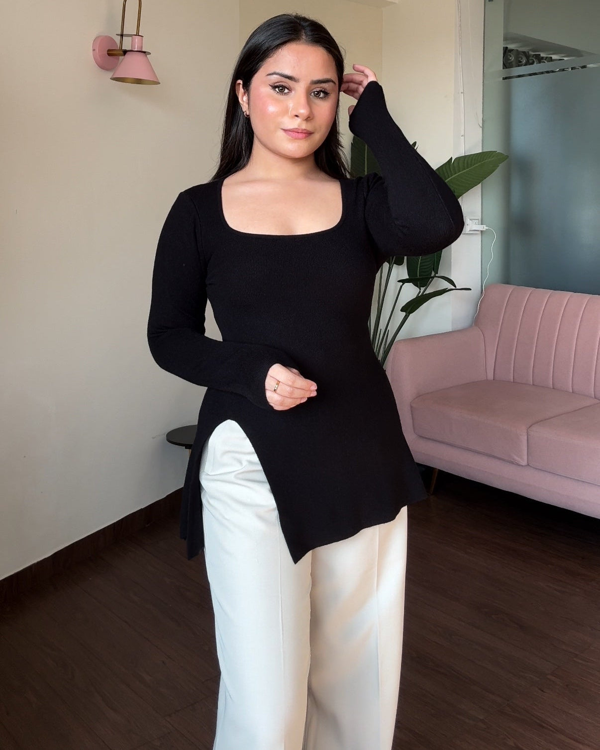 Round Neck Knitted Top With Slit