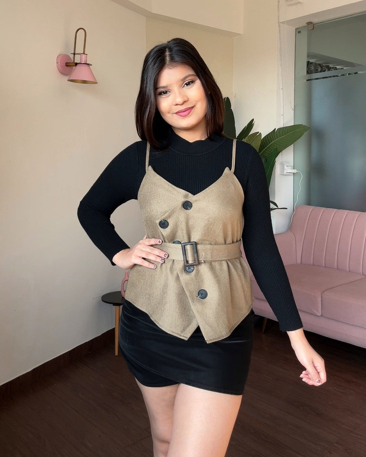 3 Piece Trench Vest Detailing Top With Belt