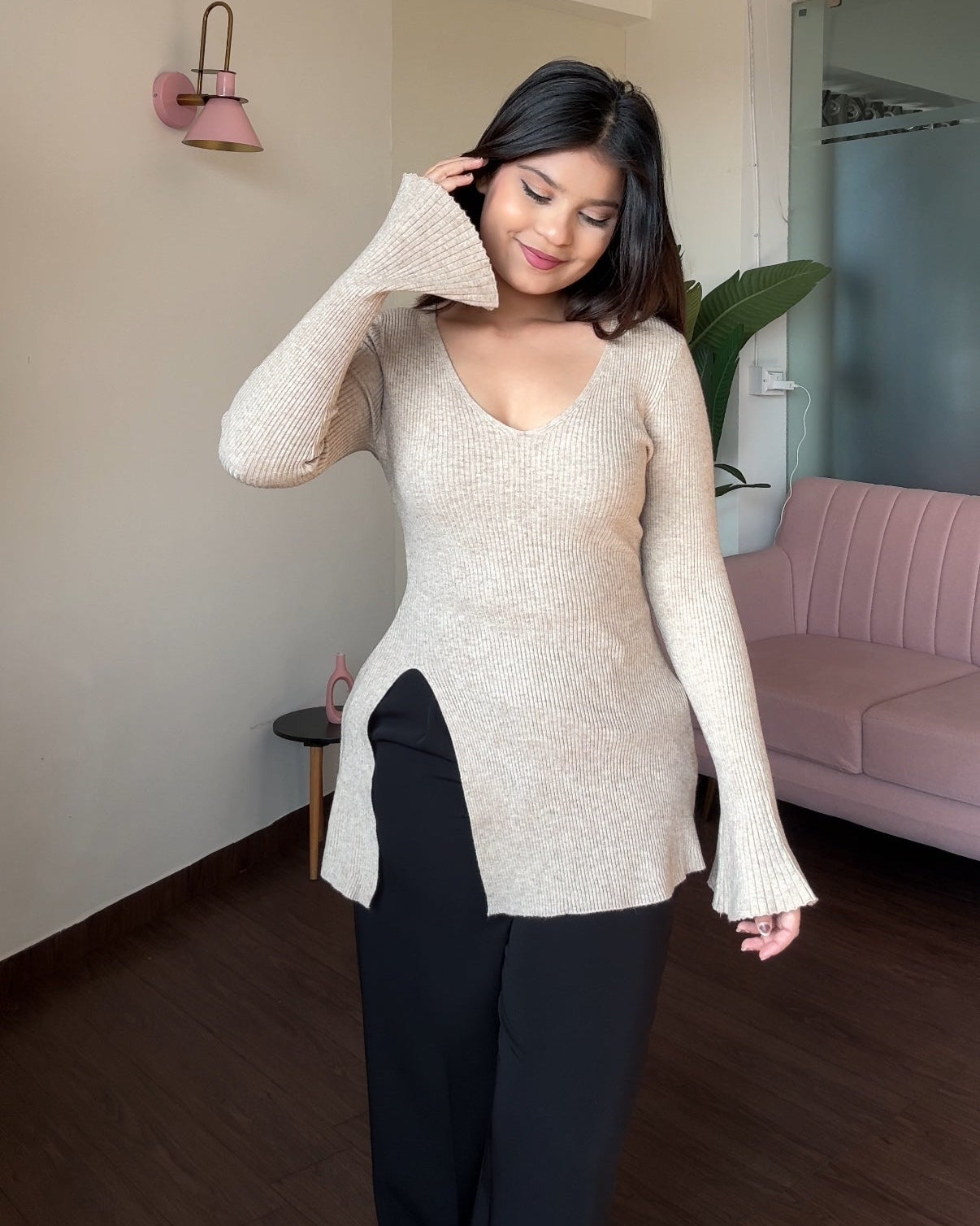 Bell-Sleeve V Neck Knitted Top With Slit
