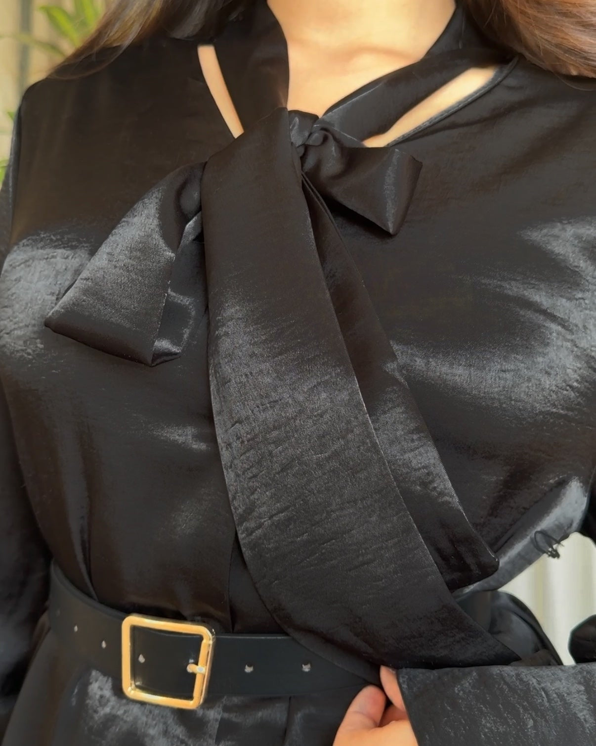 Premium Black Satin Mini Shirt Dress With Belt