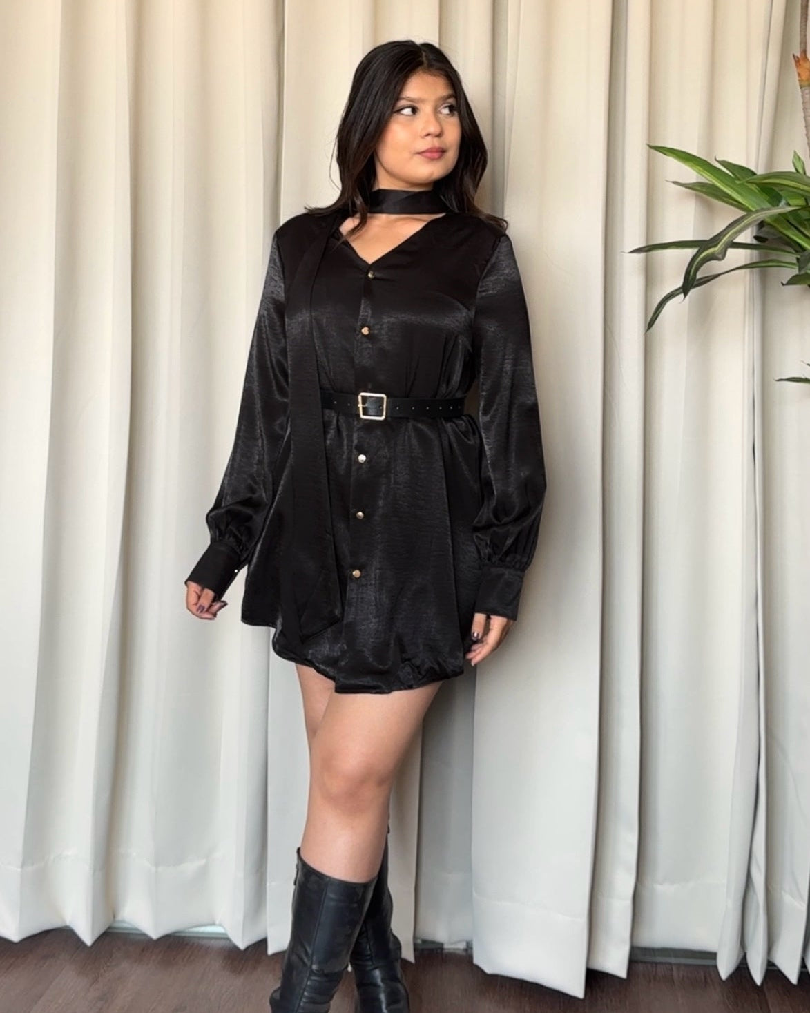 Premium Black Satin Mini Shirt Dress With Belt