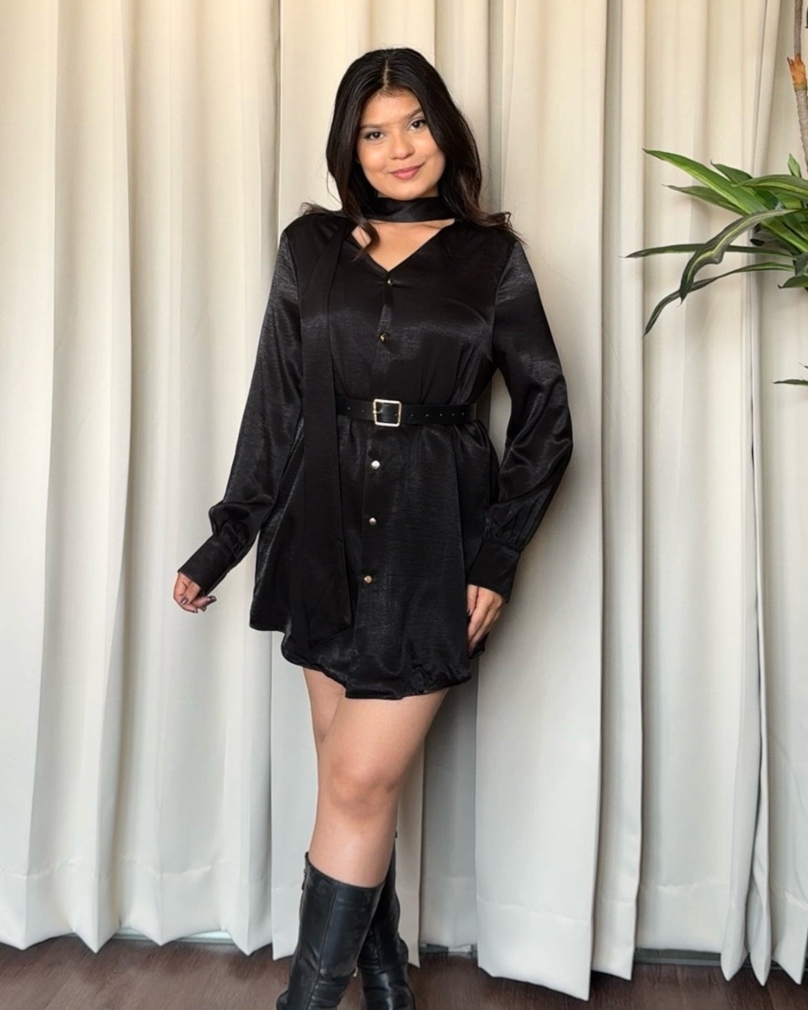 Premium Black Satin Mini Shirt Dress With Belt