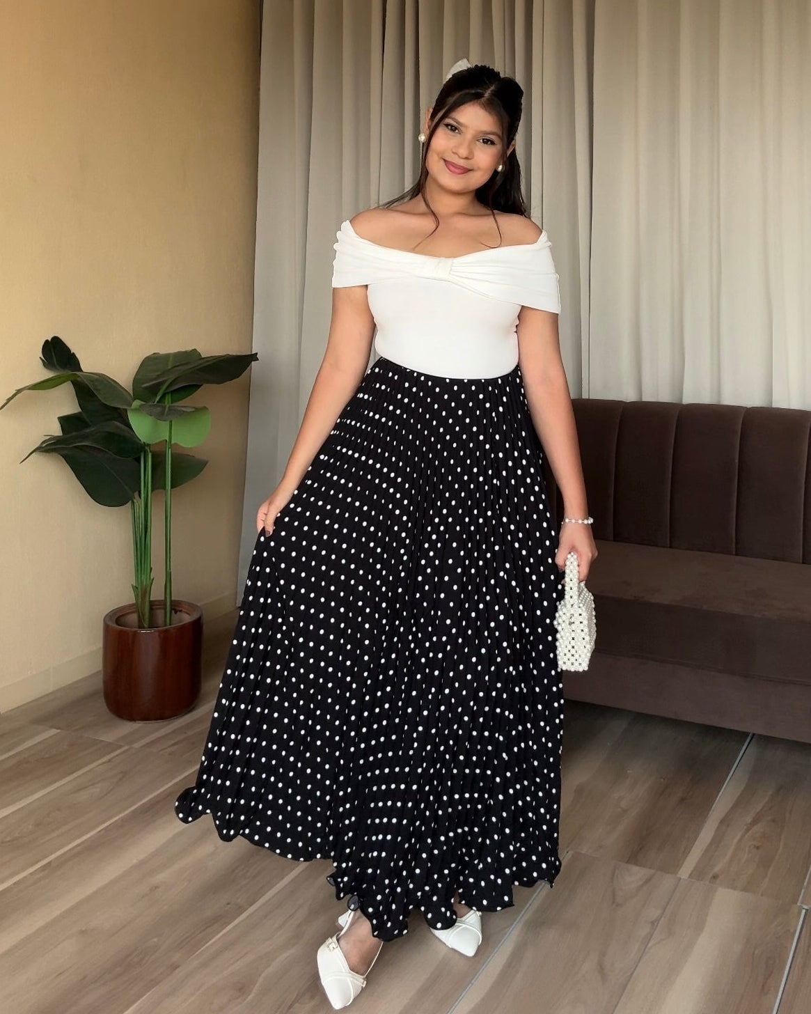 Polka Dot Pleated Midi Skirt