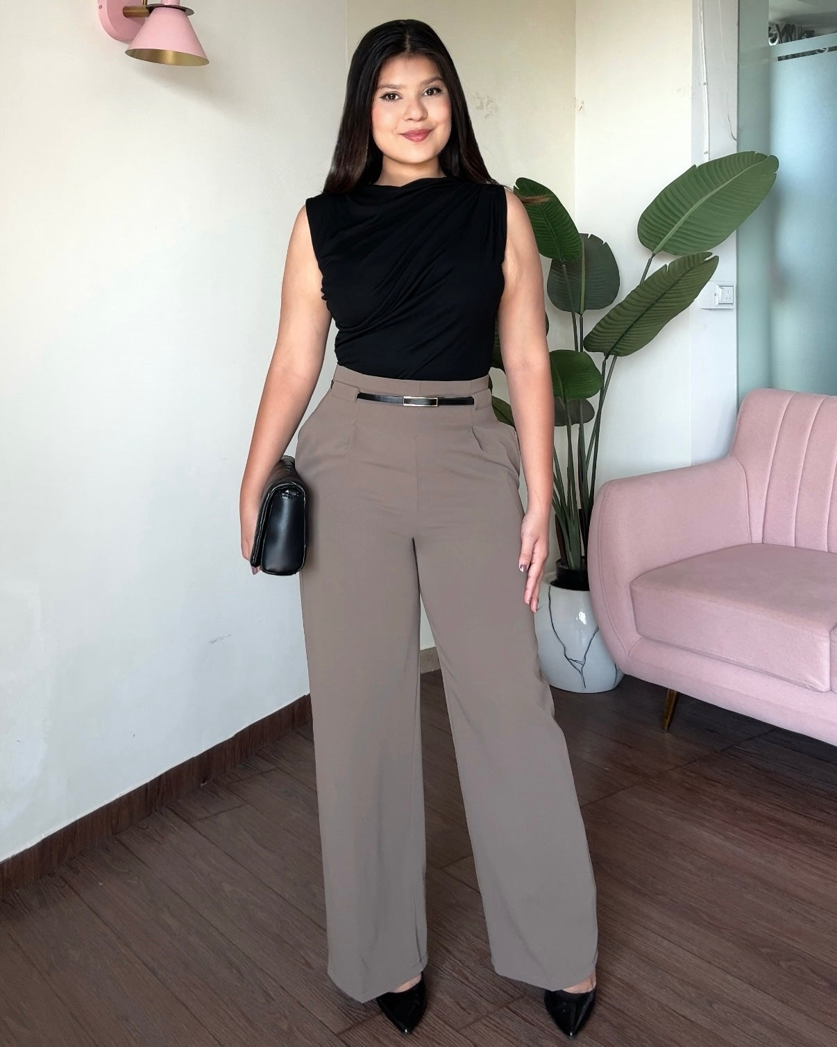 Straight Fit Wide Leg Pants With Belt For Women