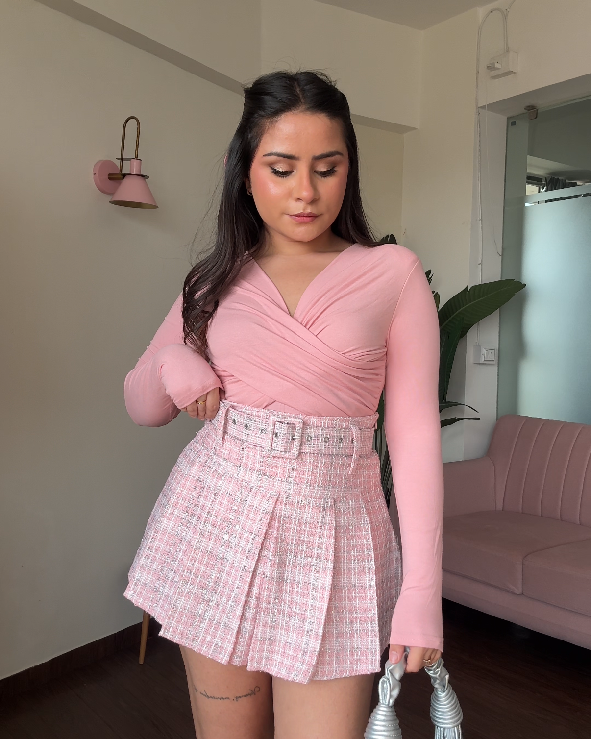 Full Sleeve Overlap Top & Tweed Checker Pleated Skirt With Belt