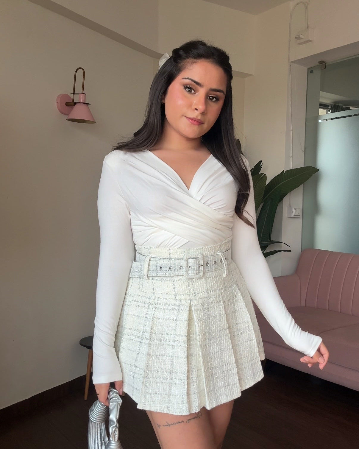 Full Sleeve Overlap Top & Tweeted Checker Pleated Skirt With Belt