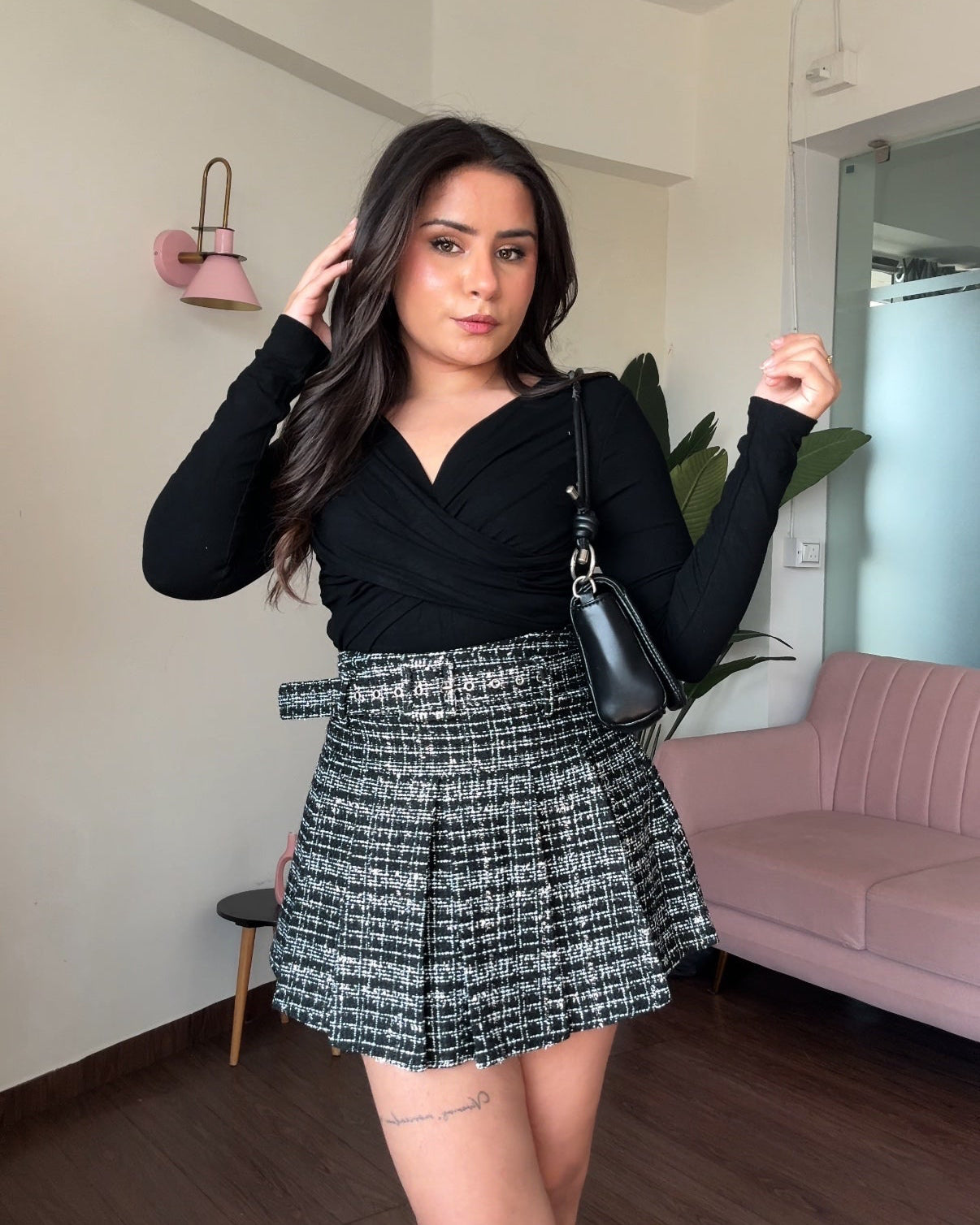 Full Sleeve Overlap Top & Tweeted Checker Pleated Skirt With Belt