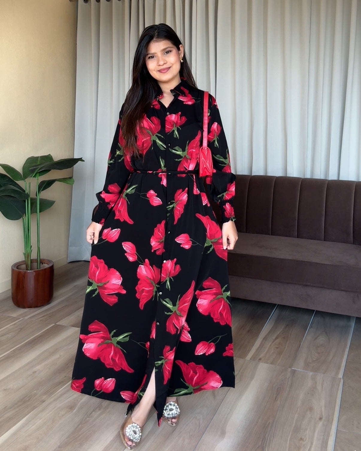 Hibiscus Printed Shirt Midi Dress With Belt