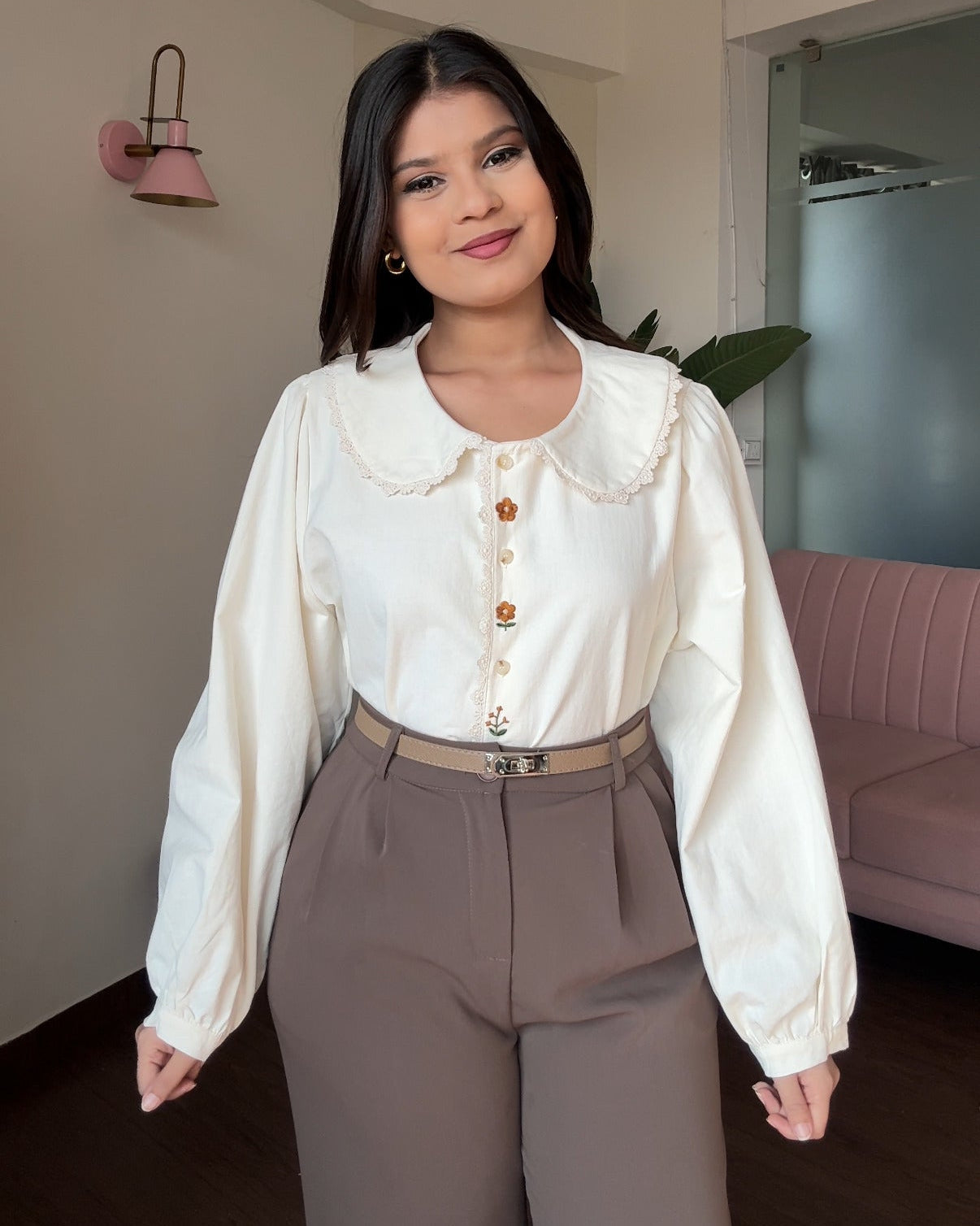 Korean Collar Thick Shirt With Button Floral Detailing Blouse