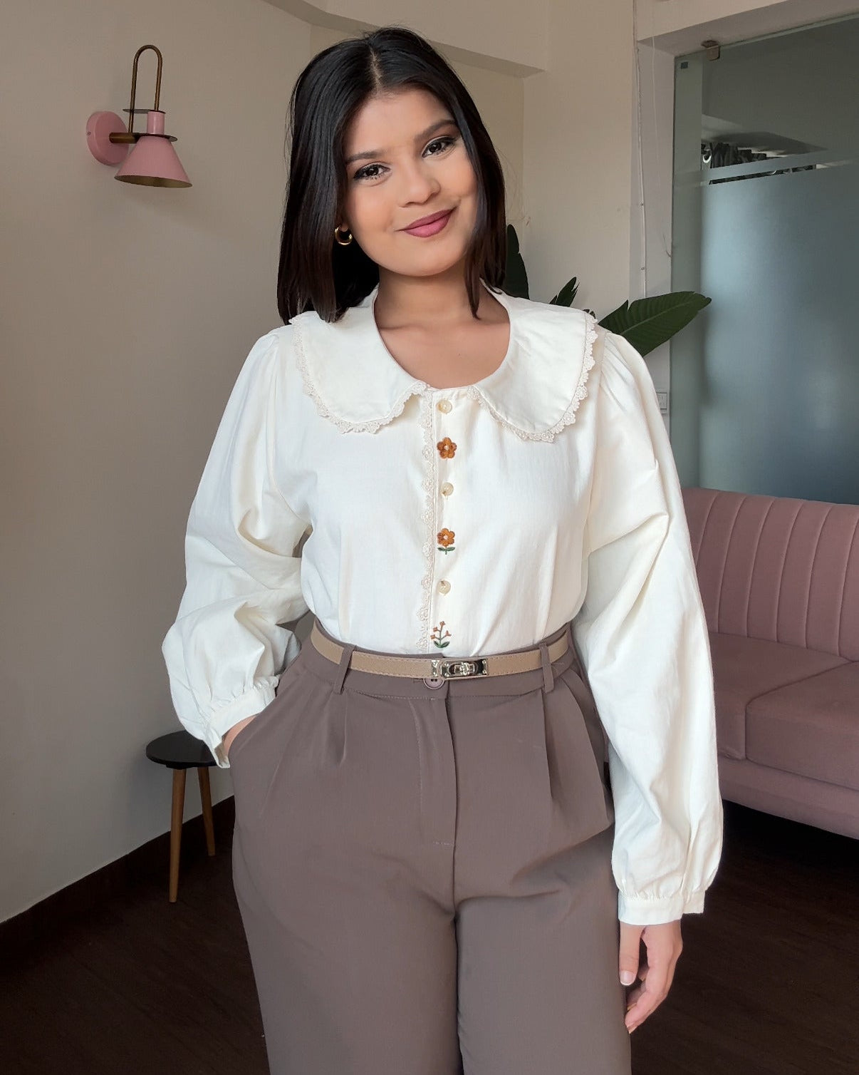 Korean Collar Thick Shirt With Button Floral Detailing Blouse