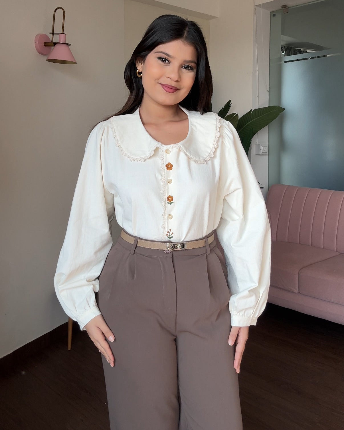 Korean Collar Thick Shirt With Button Floral Detailing Blouse