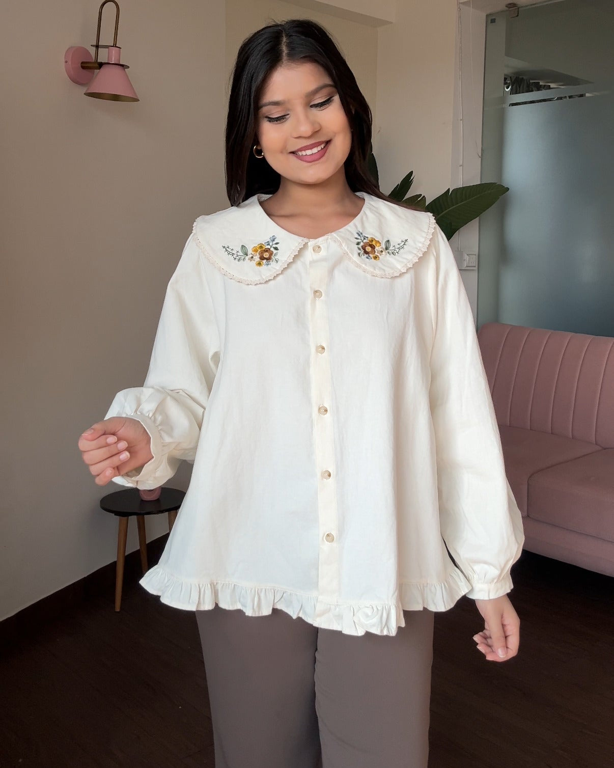 Korean Collar Floral Detailing Thick Shirt