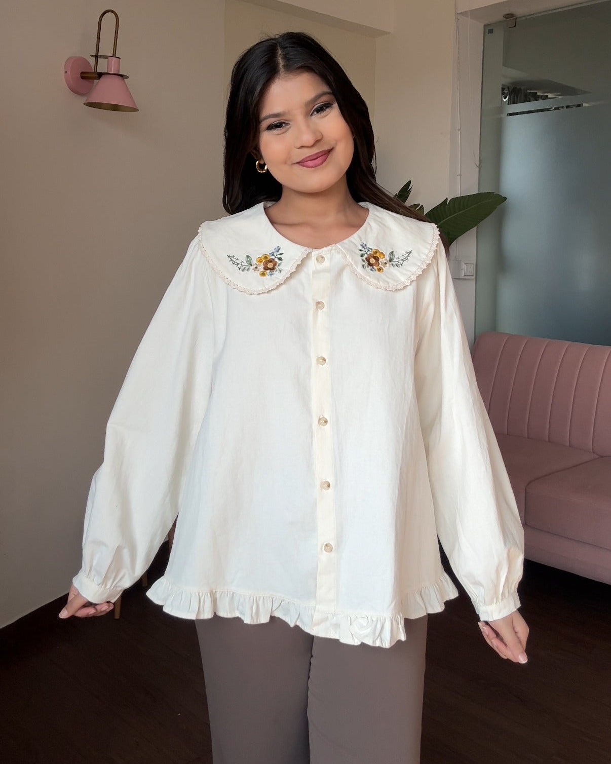 Korean Collar Floral Detailing Thick Shirt