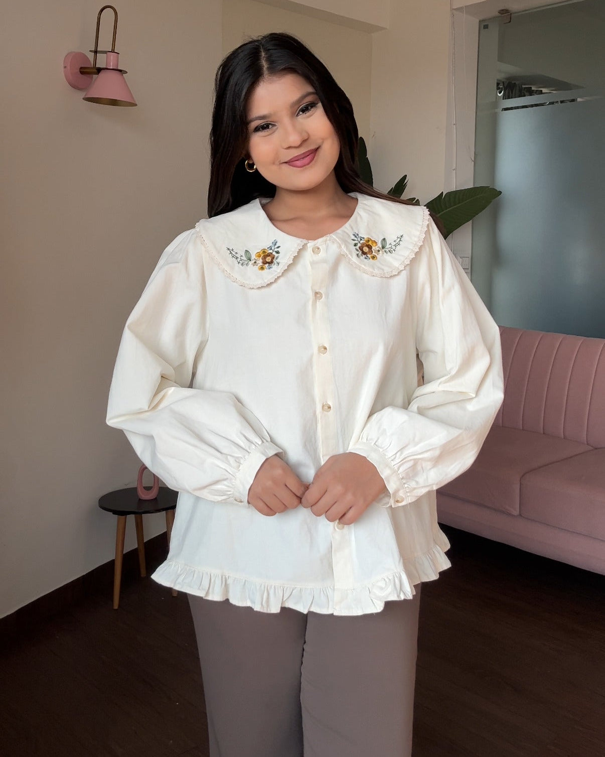 Korean Collar Floral Detailing Thick Shirt