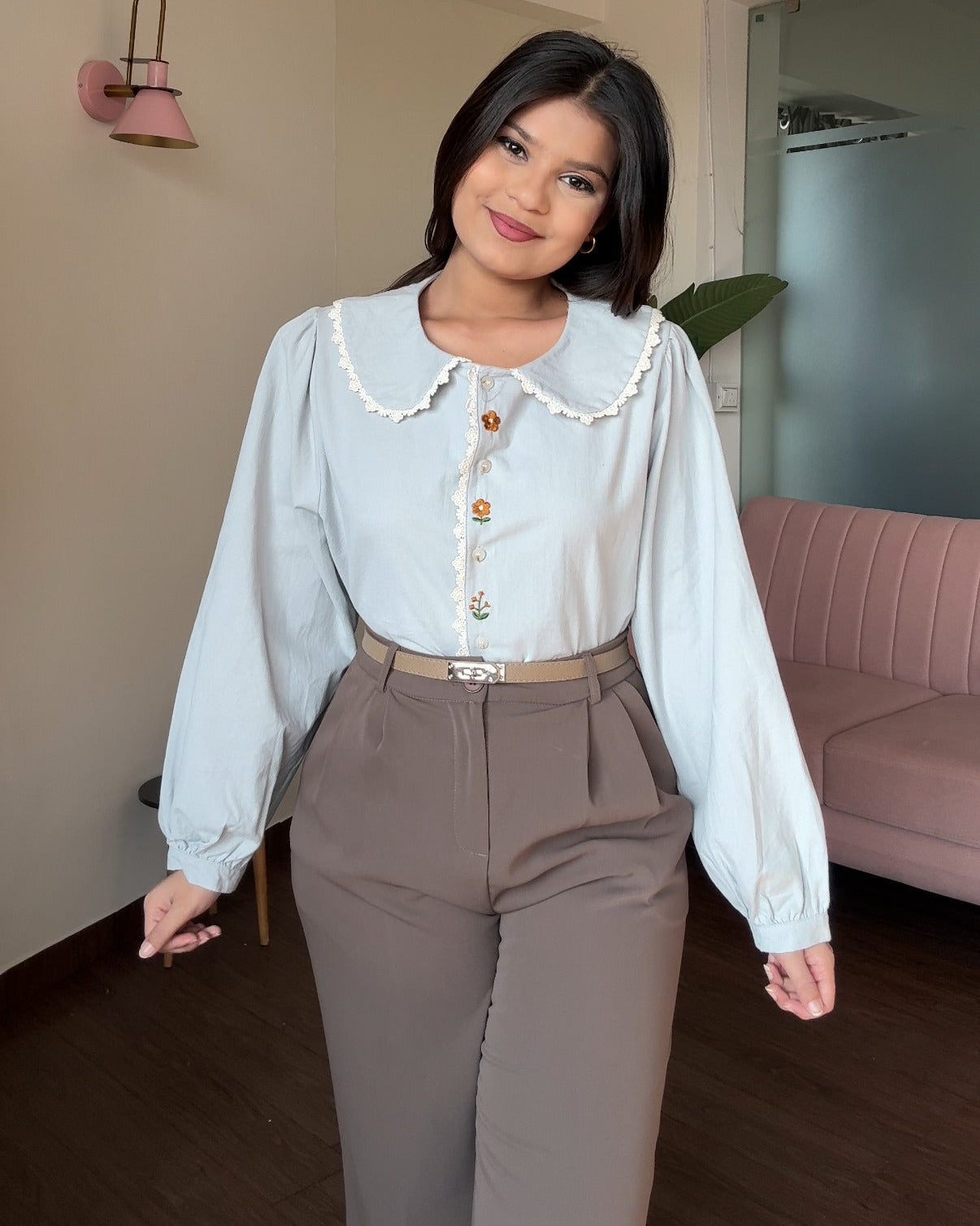 Korean Collar Thick Shirt With Button Floral Detailing Blouse