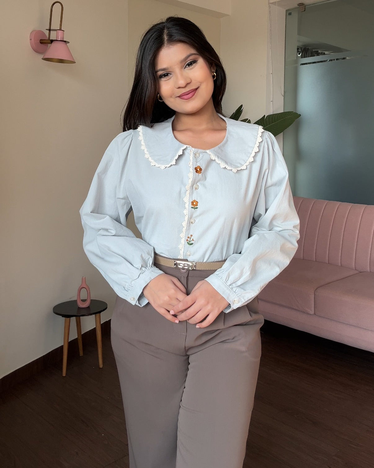 Korean Collar Thick Shirt With Button Floral Detailing Blouse