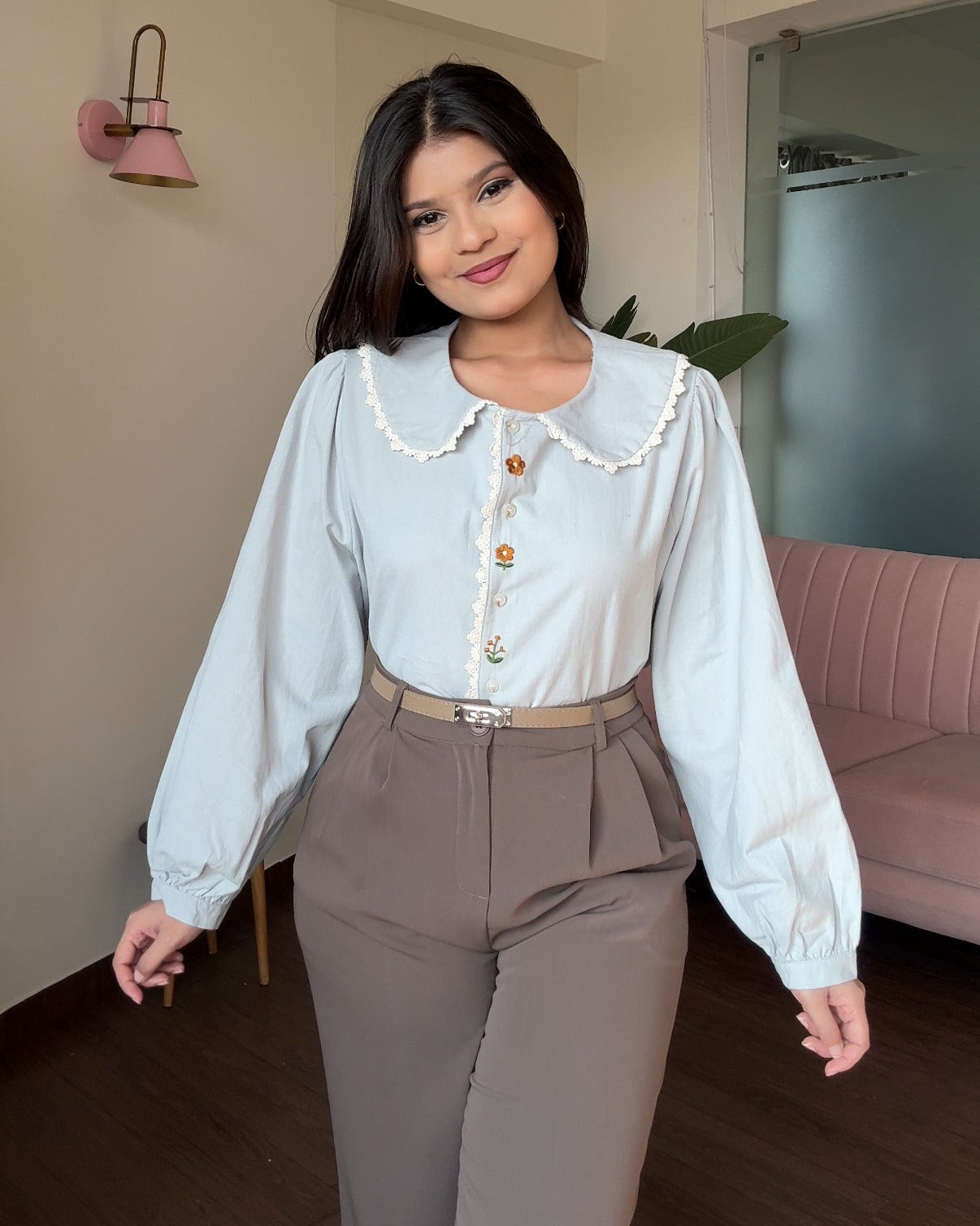 Korean Collar Thick Shirt With Button Floral Detailing Blouse