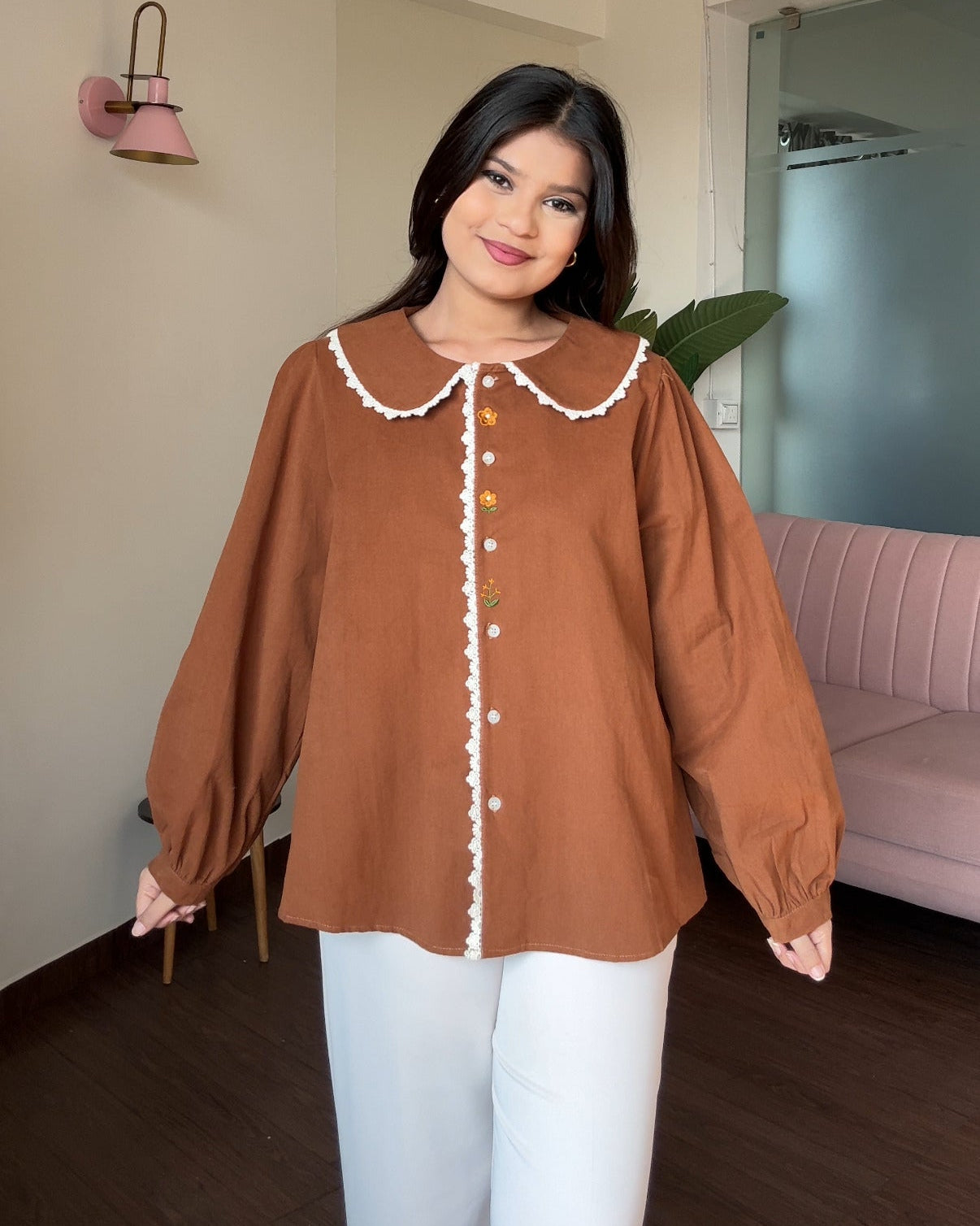 Korean Collar Thick Shirt With Button Floral Detailing Blouse