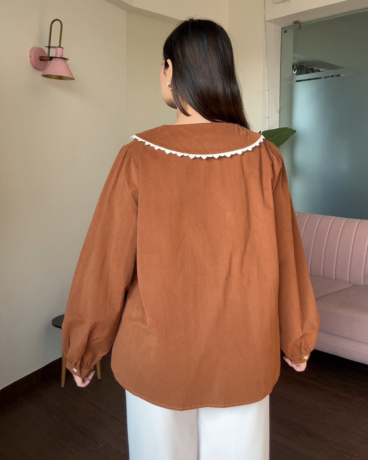 Korean Collar Thick Shirt With Button Floral Detailing Blouse