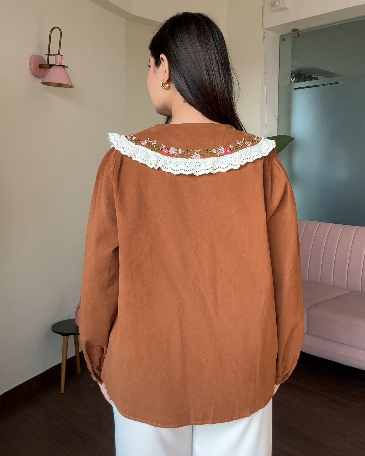 Korean Collar Lacy Detailing Thick Shirt
