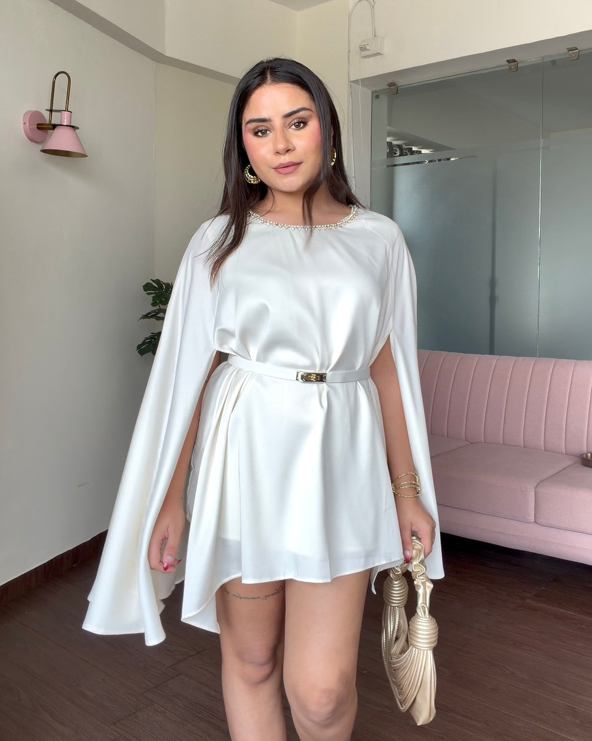 Stone Detailing Cape Mini Dress with Belts