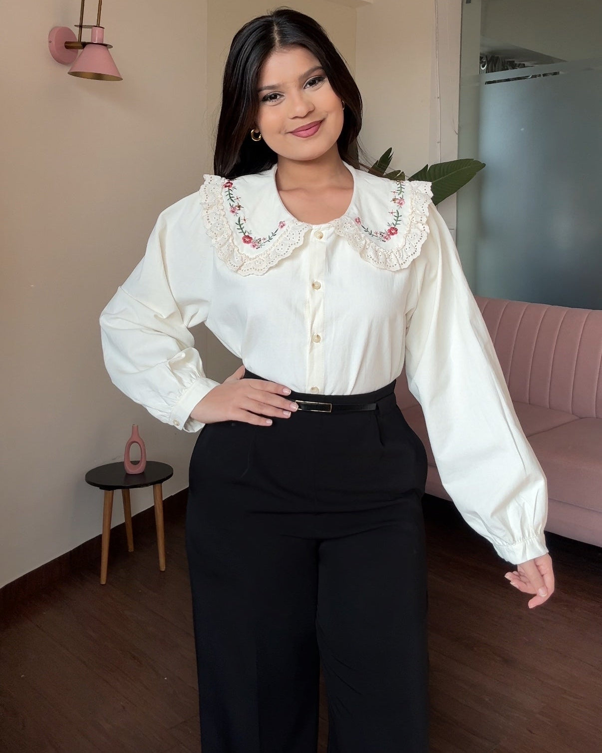 Korean Collar Lacy Detailing Thick Shirt