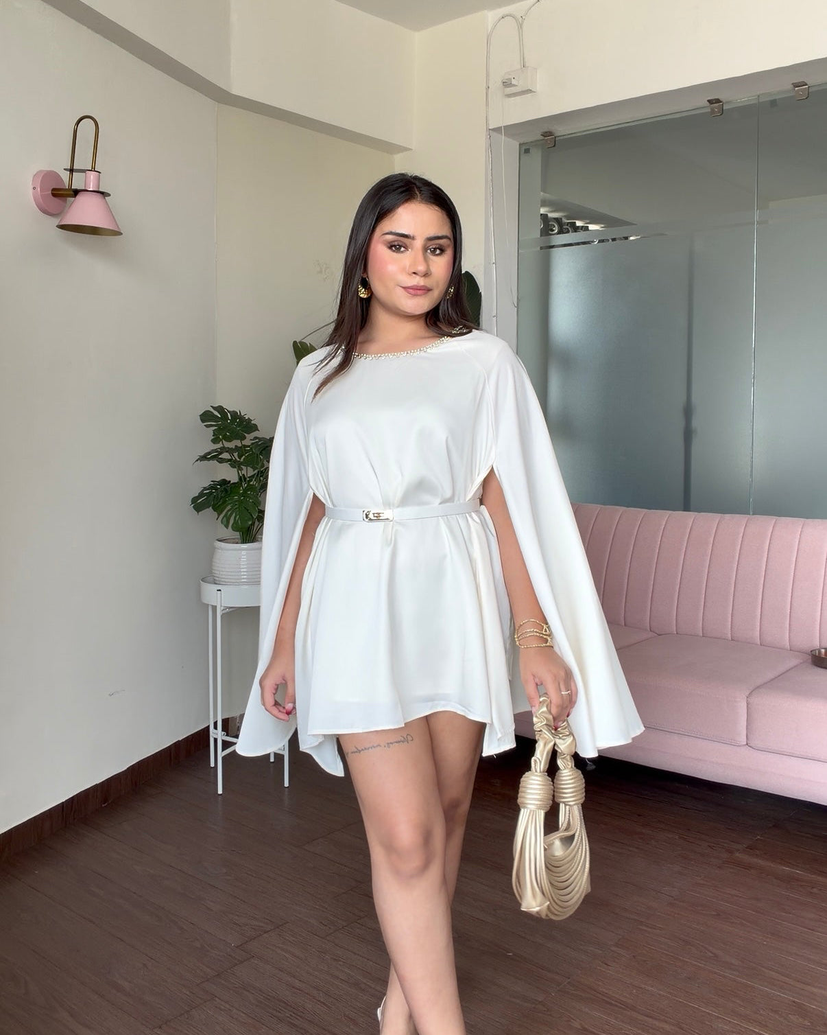 Stone Detailing Cape Mini Dress with Belts