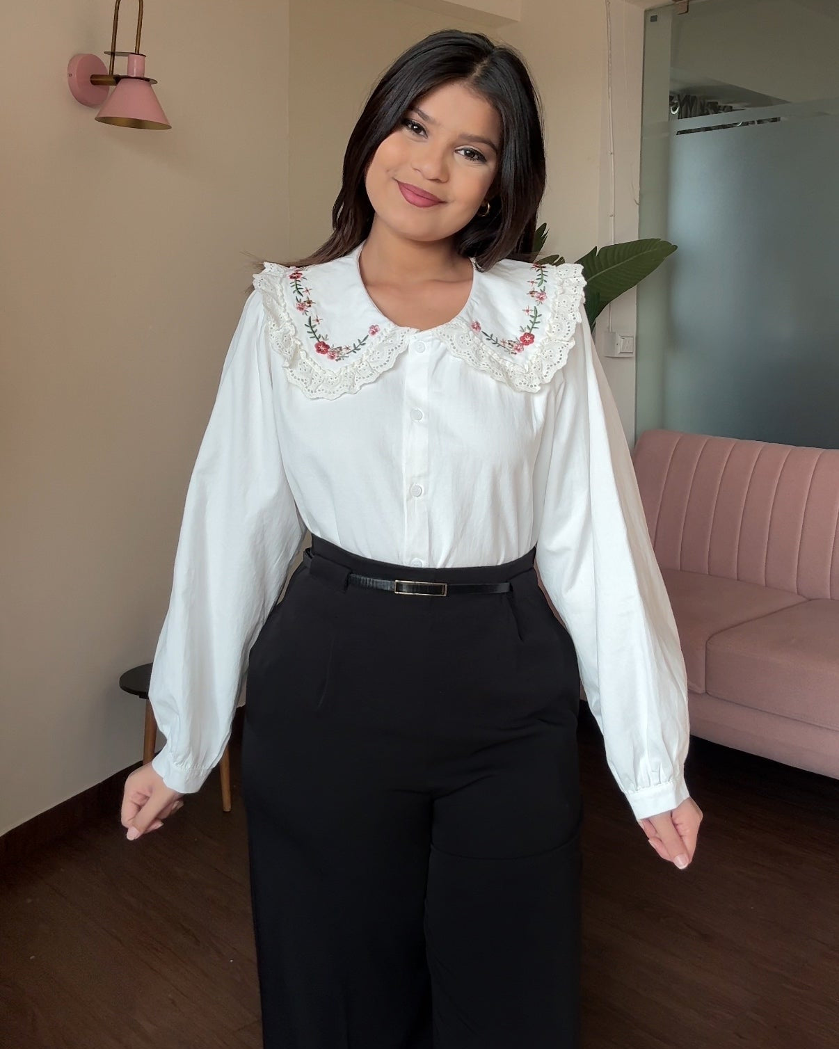 Korean Collar Lacy Detailing Thick Shirt