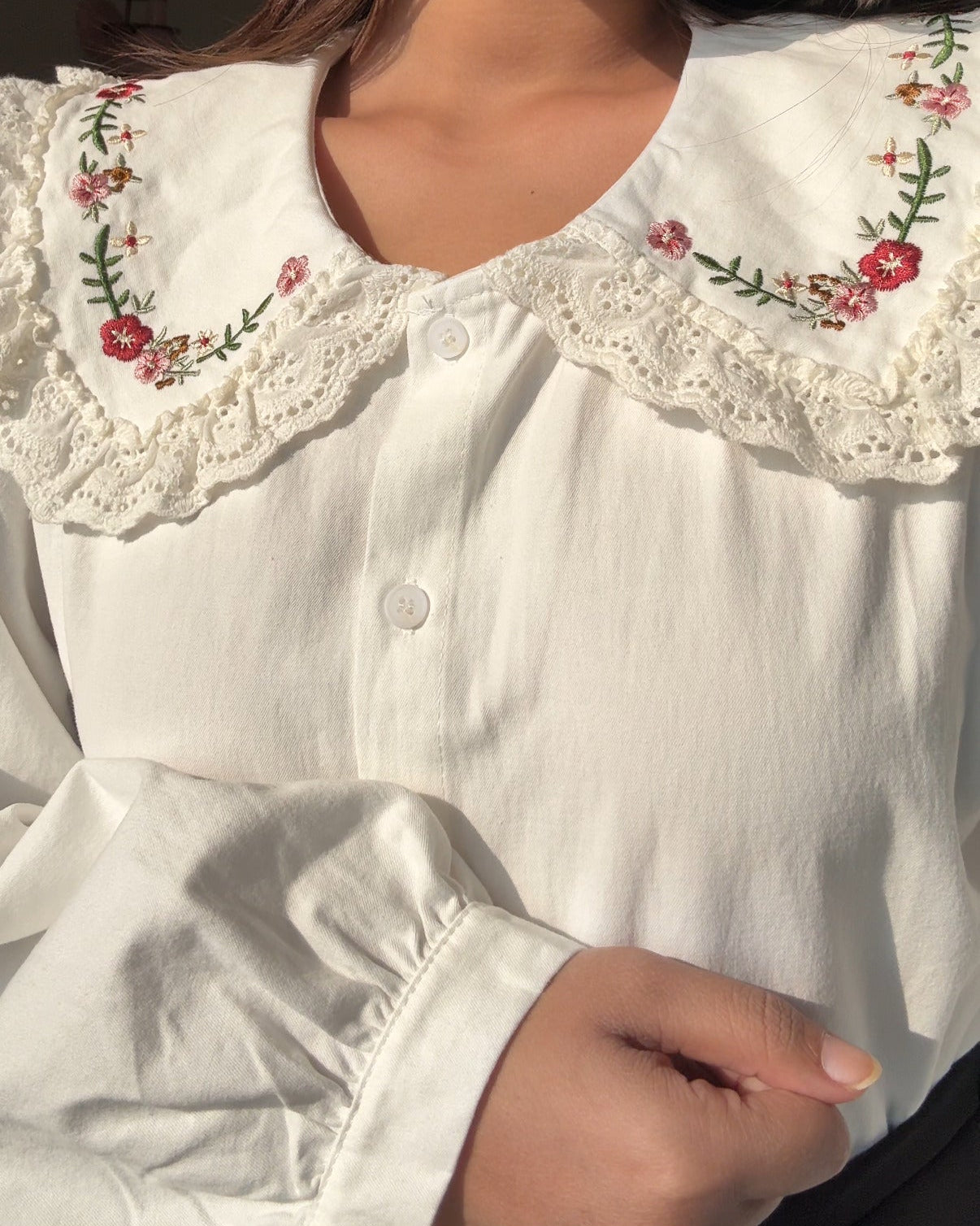 Korean Collar Lacy Detailing Thick Shirt