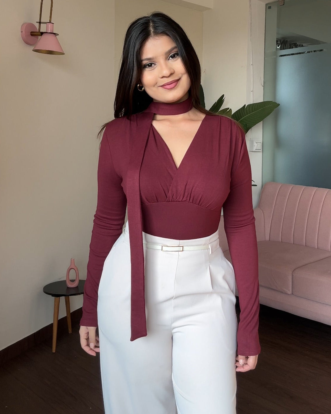 V-Neck Fitted Full Sleeve Top With Tie-Up Scarf