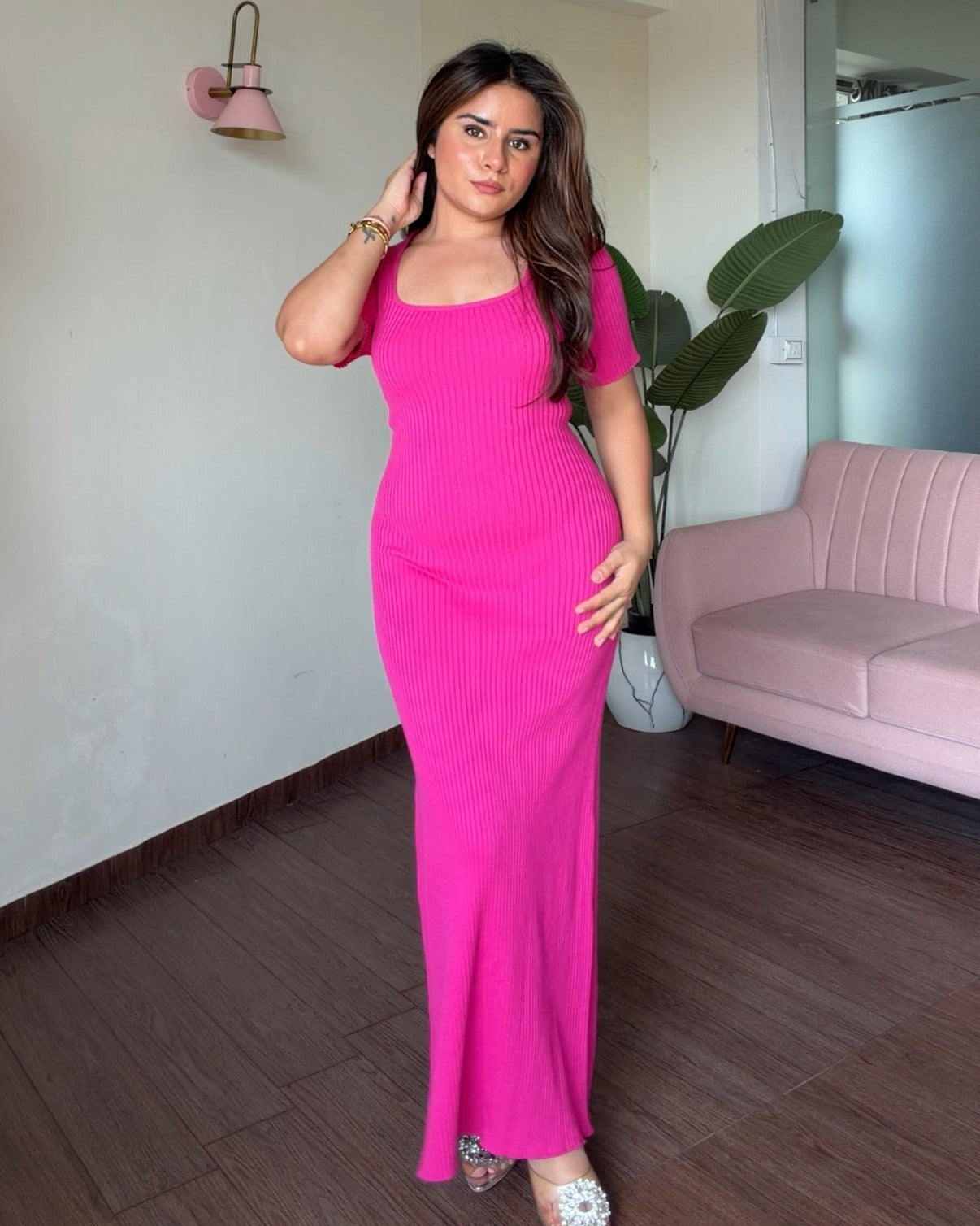 Corset Back Half Sleeve Ribbed Maxi Dress