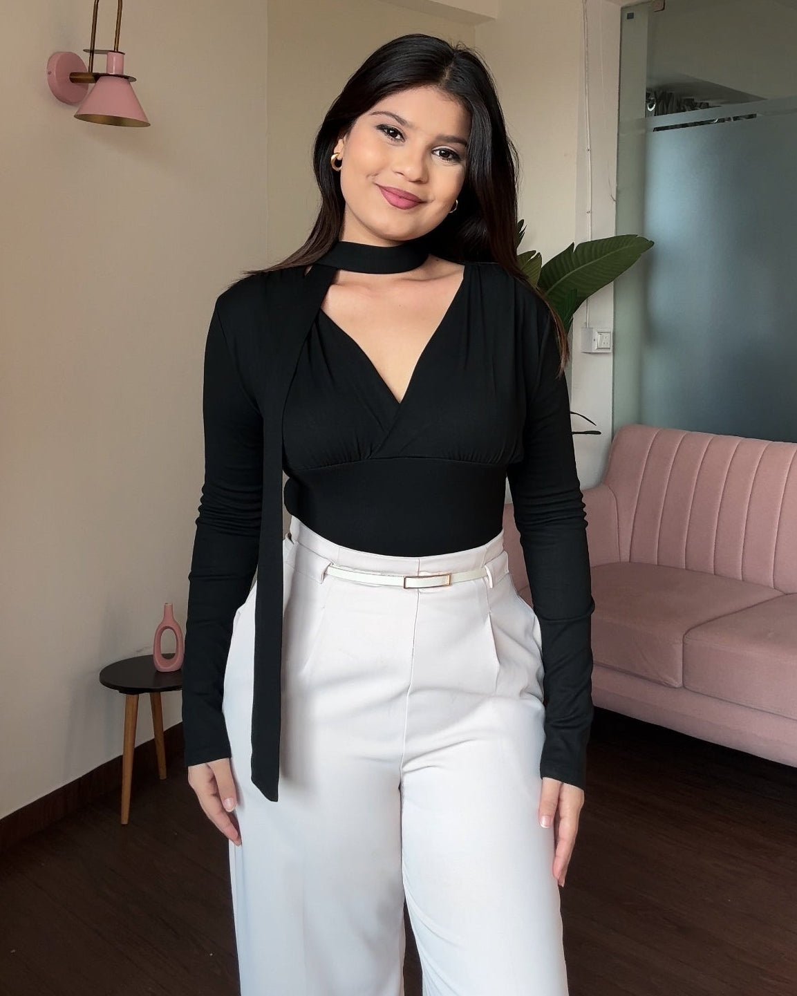 V-Neck Fitted Full Sleeve Top With Tie-Up Scarf