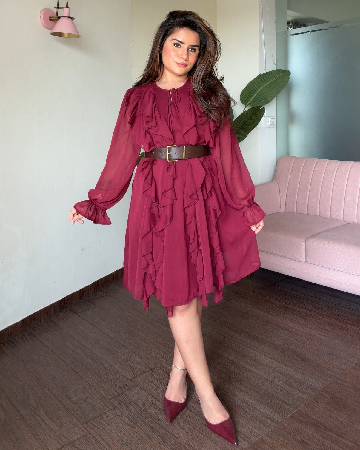 Ruffle Chiffon Dress With Belt