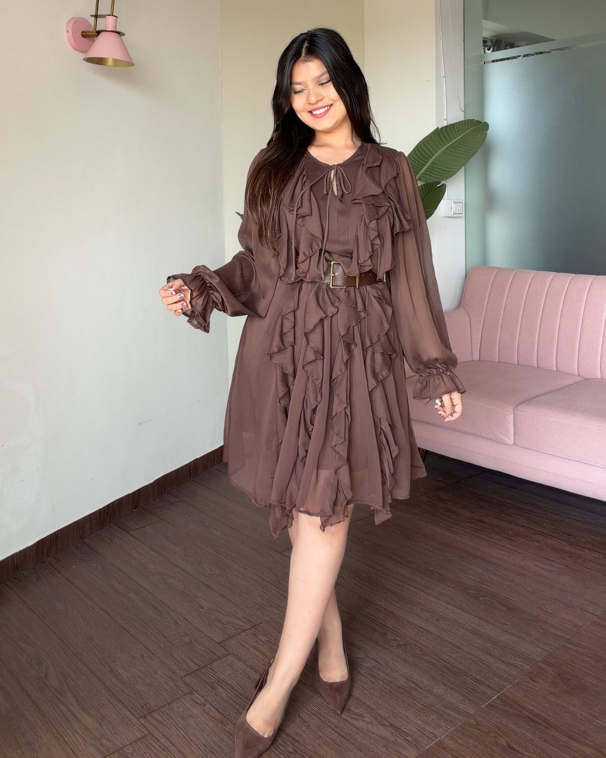 Ruffle Chiffon Dress With Belt