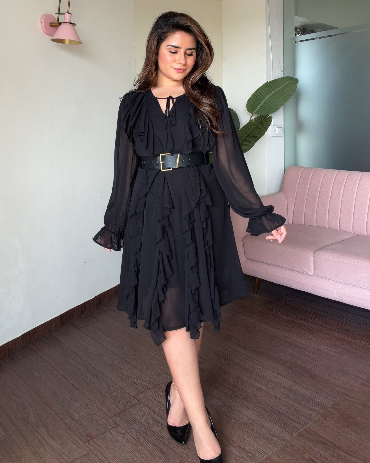 Ruffle Chiffon Dress With Belt