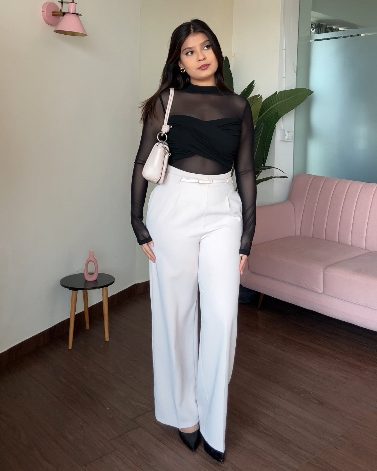 Crossover Top & Straight Fit Wide Leg Pant With Belt