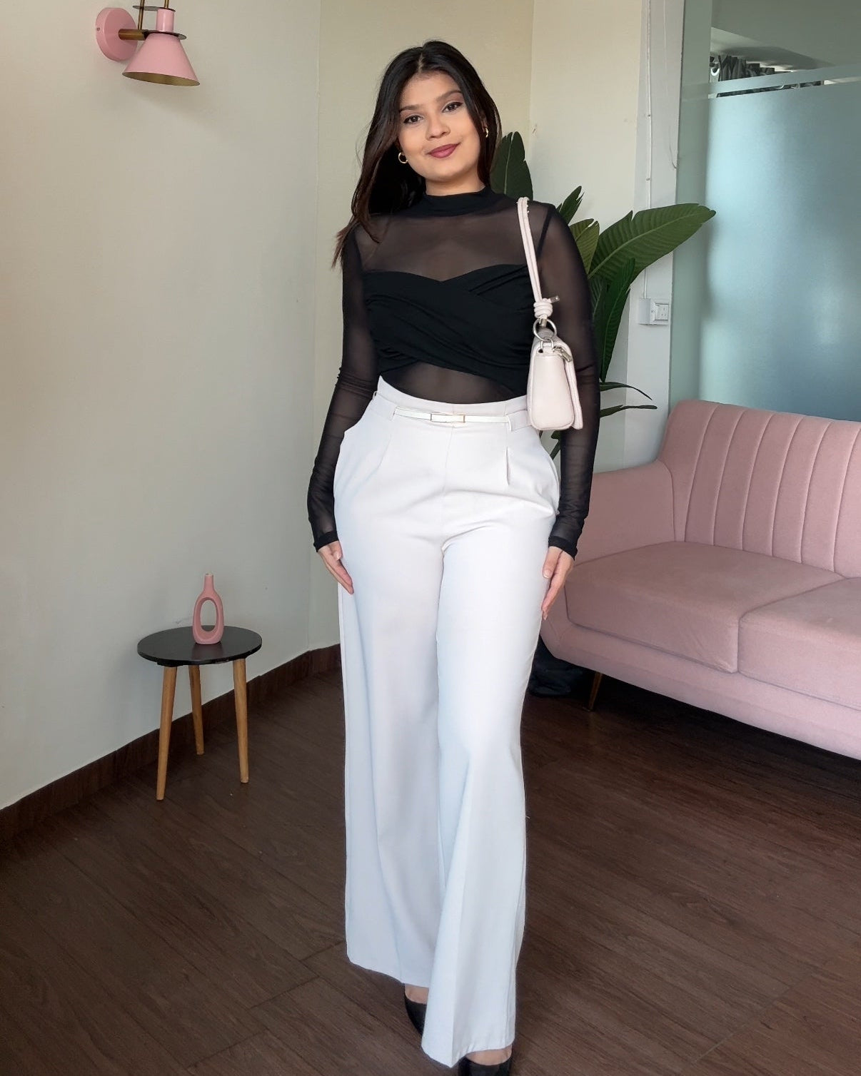 Crossover Top & Straight Fit Wide Leg Pant With Belt