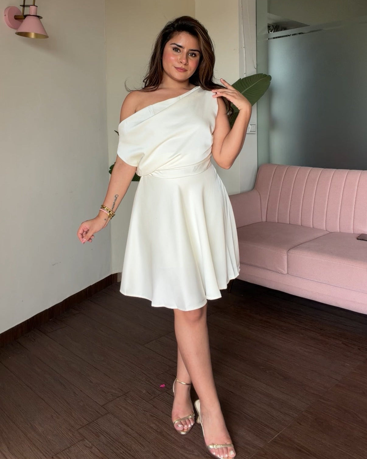 One Shoulder Satin Ruched Dress