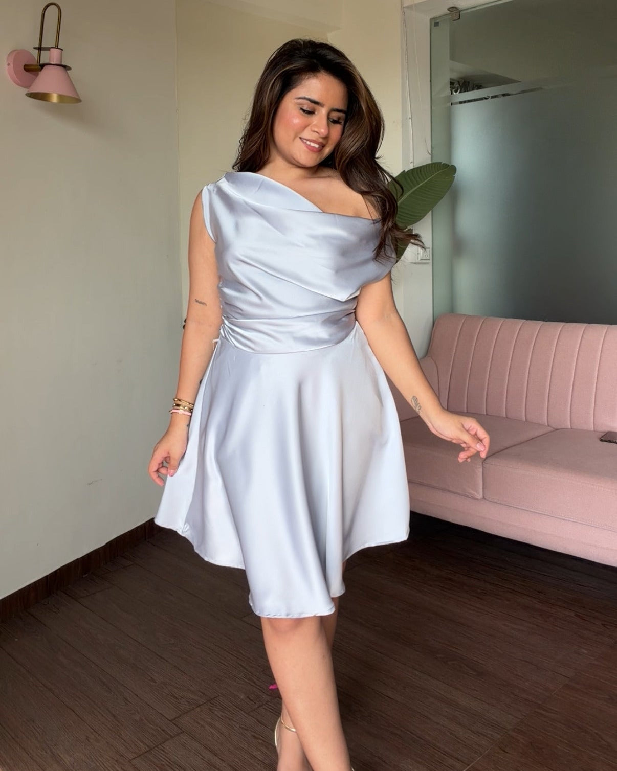 One Shoulder Satin Ruched Dress