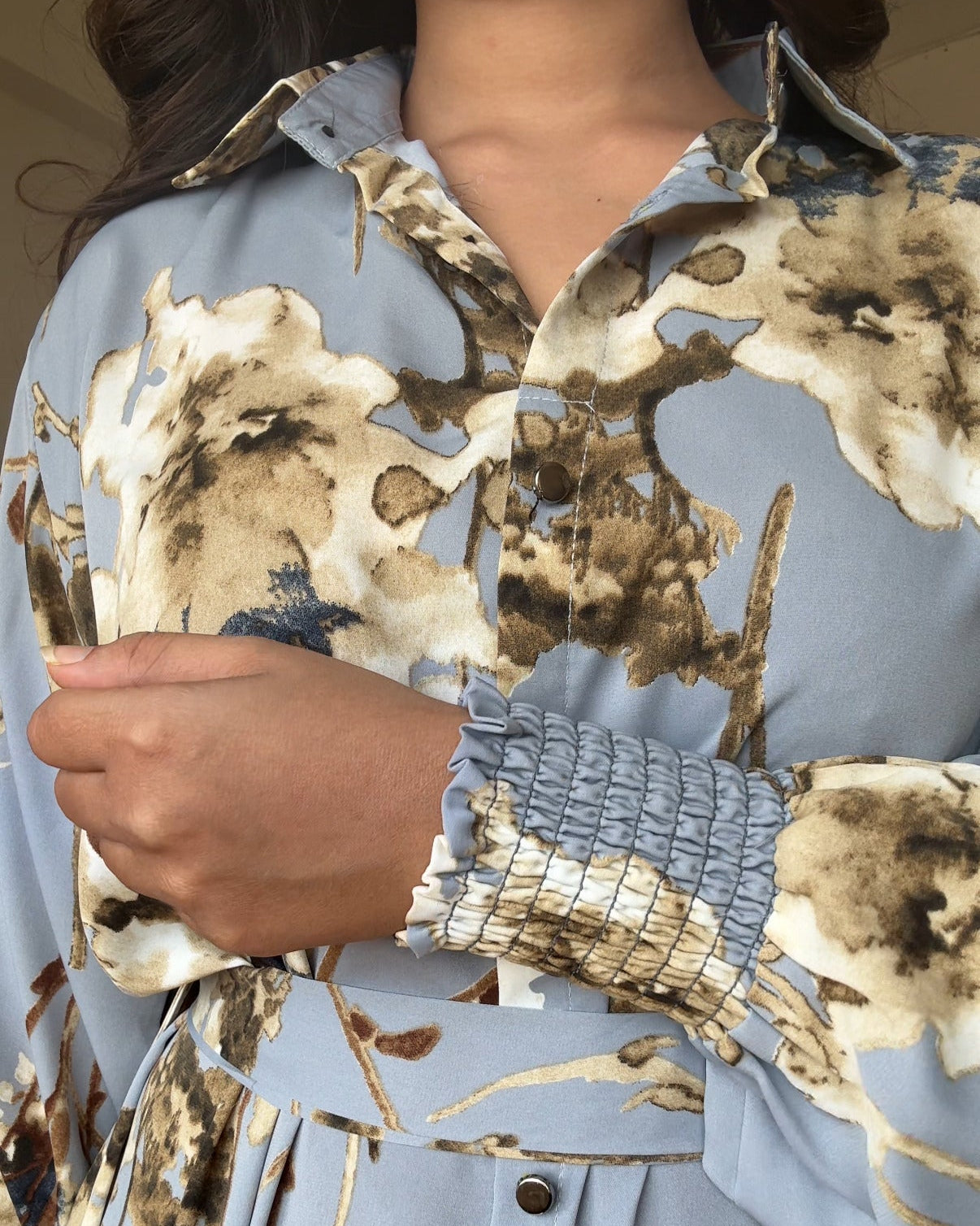 Blue Floral Printed Shirt Midi Dress With Belt