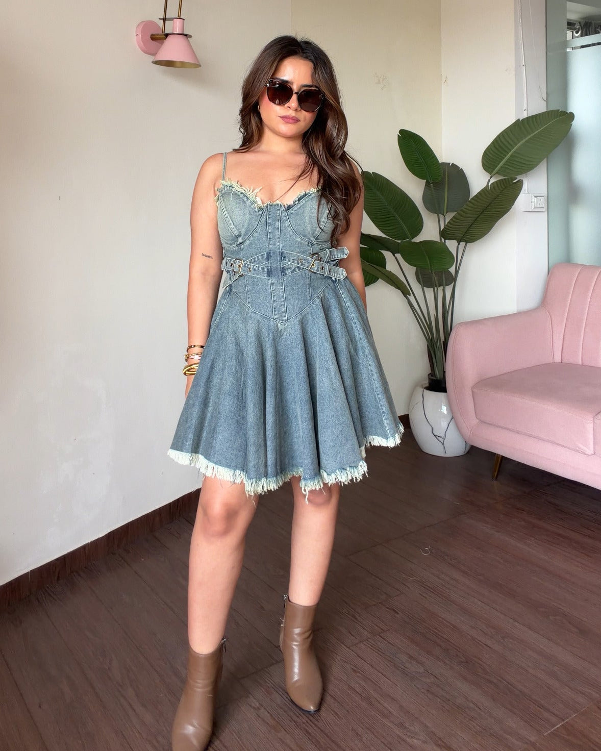 Padded Belt Detailing Denim Skater Dress