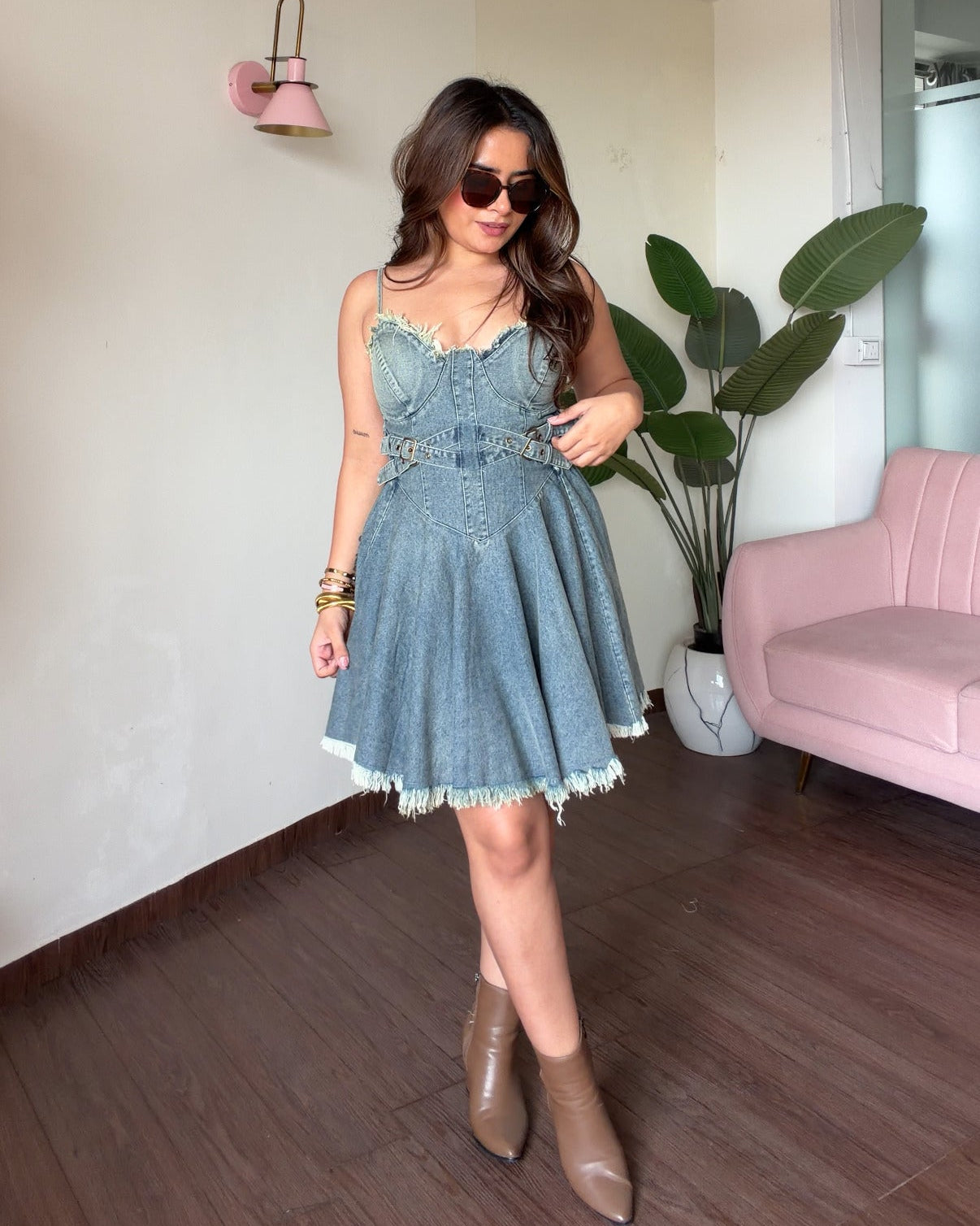 Padded Belt Detailing Denim Skater Dress