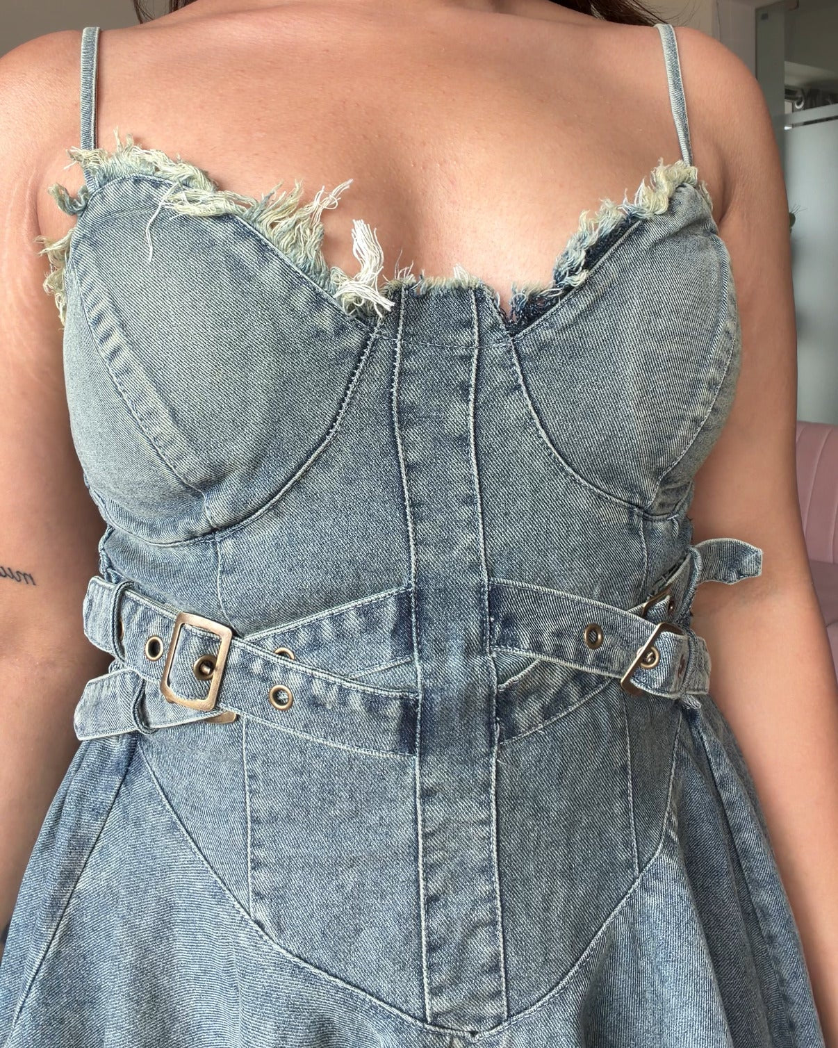 Padded Belt Detailing Denim Skater Dress