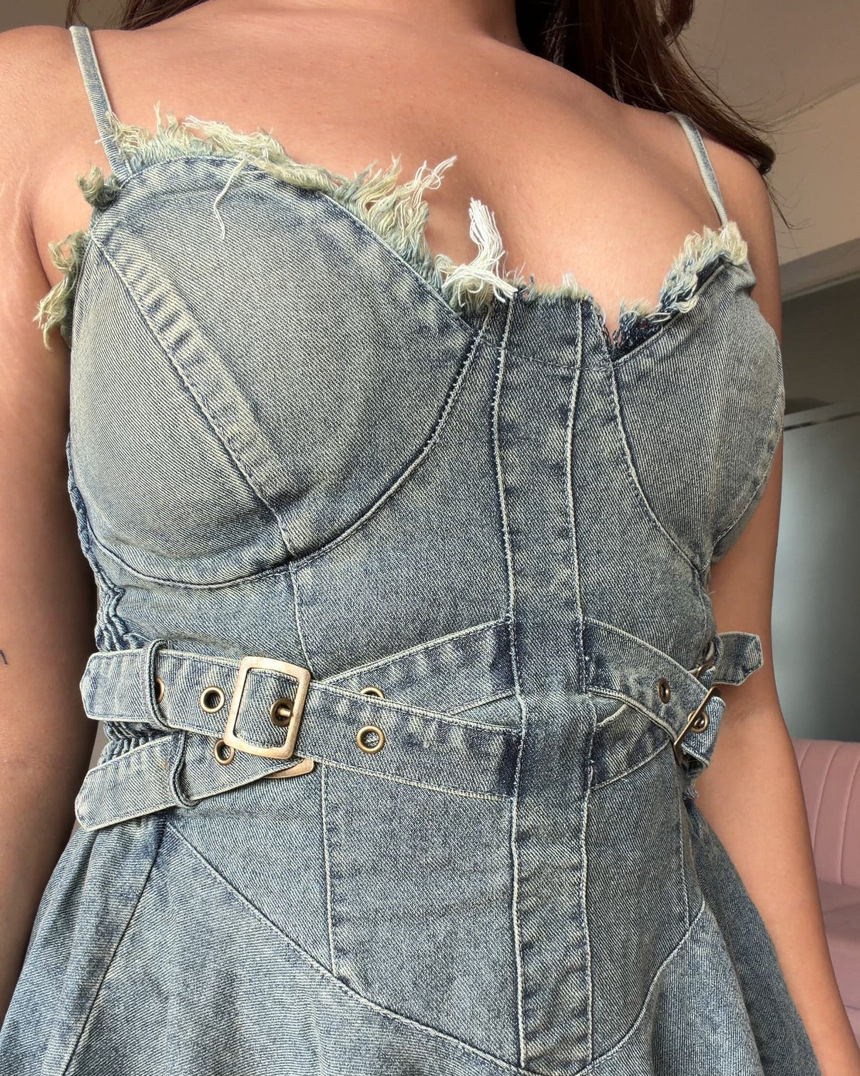 Padded Belt Detailing Denim Skater Dress