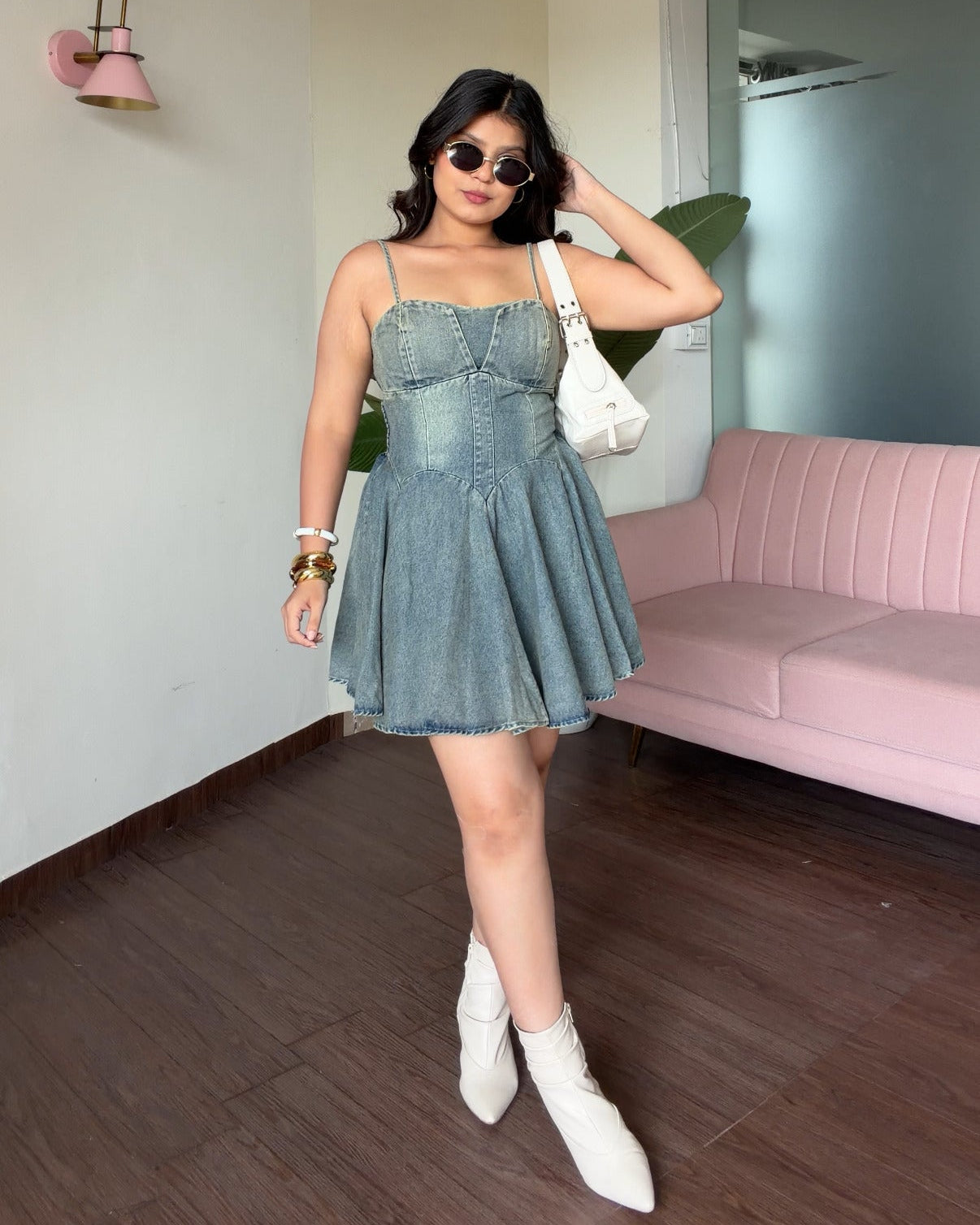 Padded Heart Neckline Denim Skater Dress