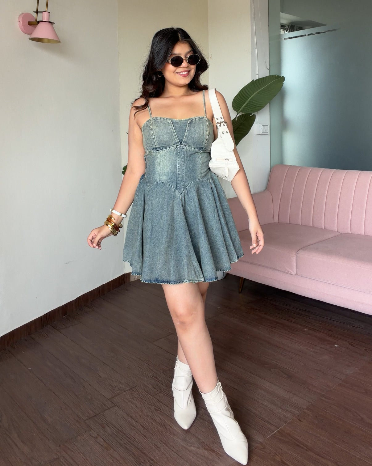 Padded Heart Neckline Denim Skater Dress