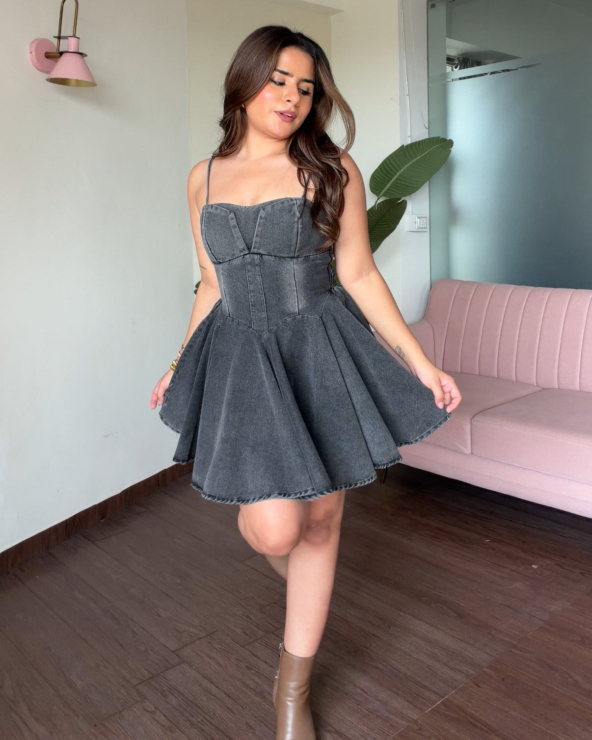 Padded Heart Neckline Denim Skater Dress