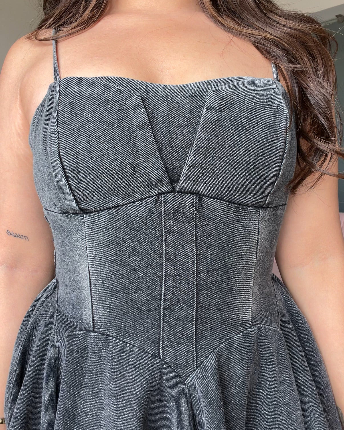 Padded Heart Neckline Denim Skater Dress