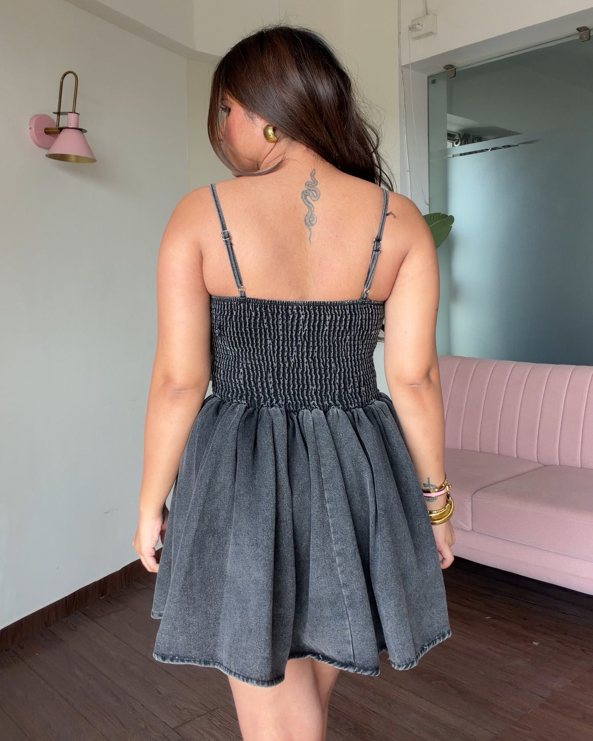 Padded Heart Neckline Denim Skater Dress