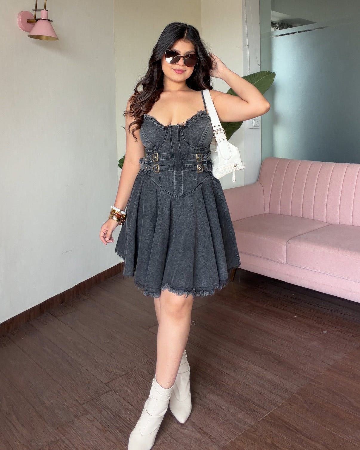 Padded Belt Detailing Denim Skater Dress